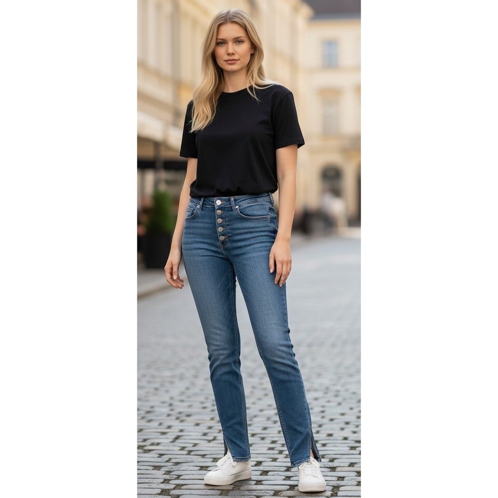 Good American High Rise Straight Leg Button Fly Hem Slit Jeans Blue Womens 14/32